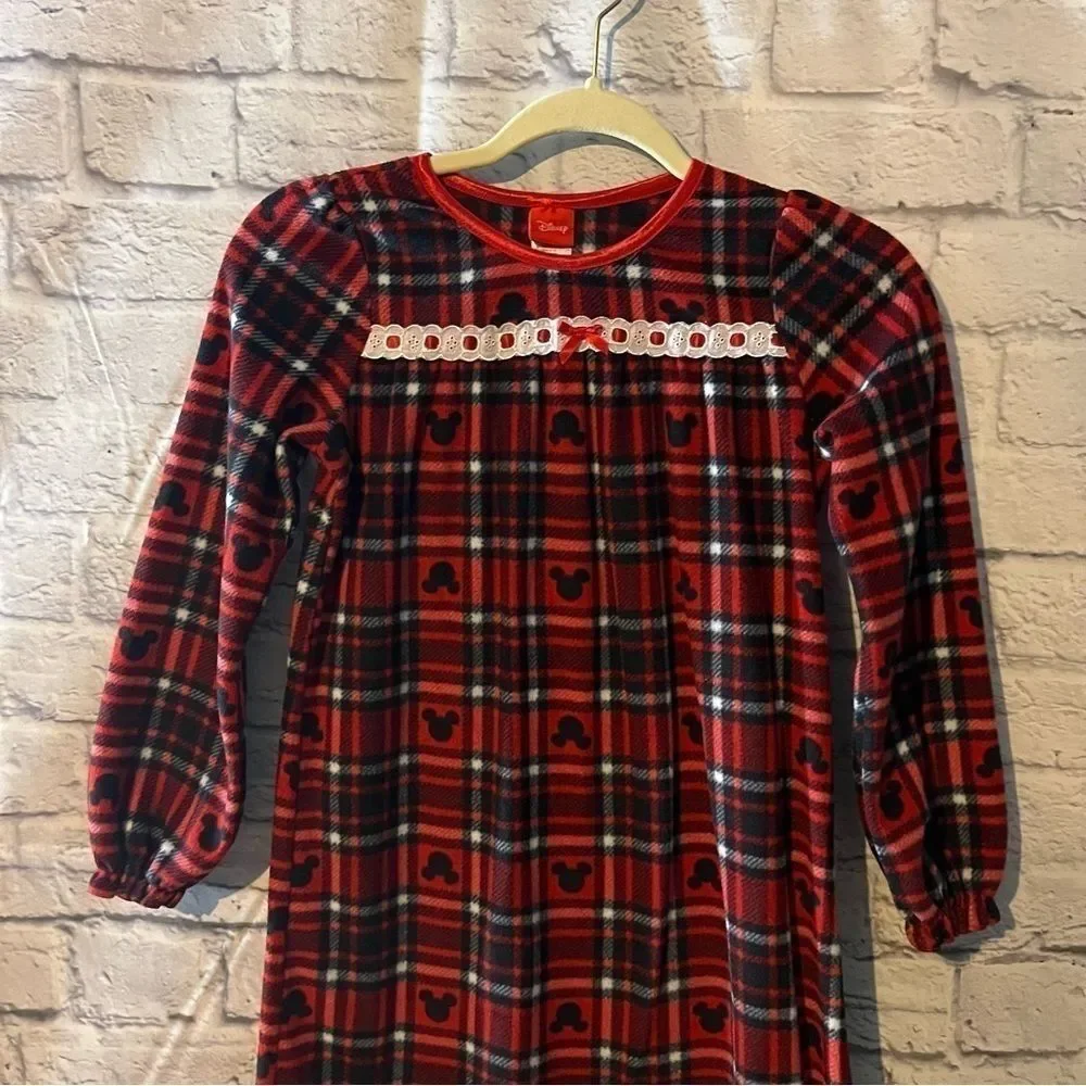 Girls Mickey Mouse Disney Red plaid Christmas flannel night gown lace ruffle 10 - Picture 2 of 9